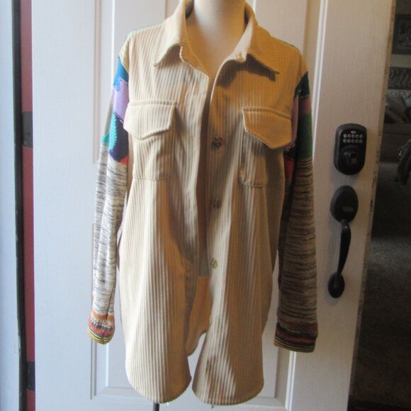 A. Peach Size Small Yellow Tan Corduroy and Multi Colored Sweater Shacket - Picture 7 of 14